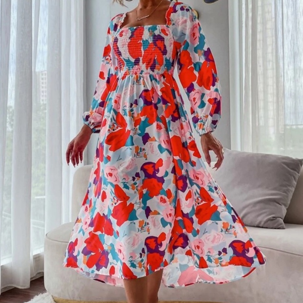 Floral Print Shirred Bishop Sleeve Square Neck A-Line Dress